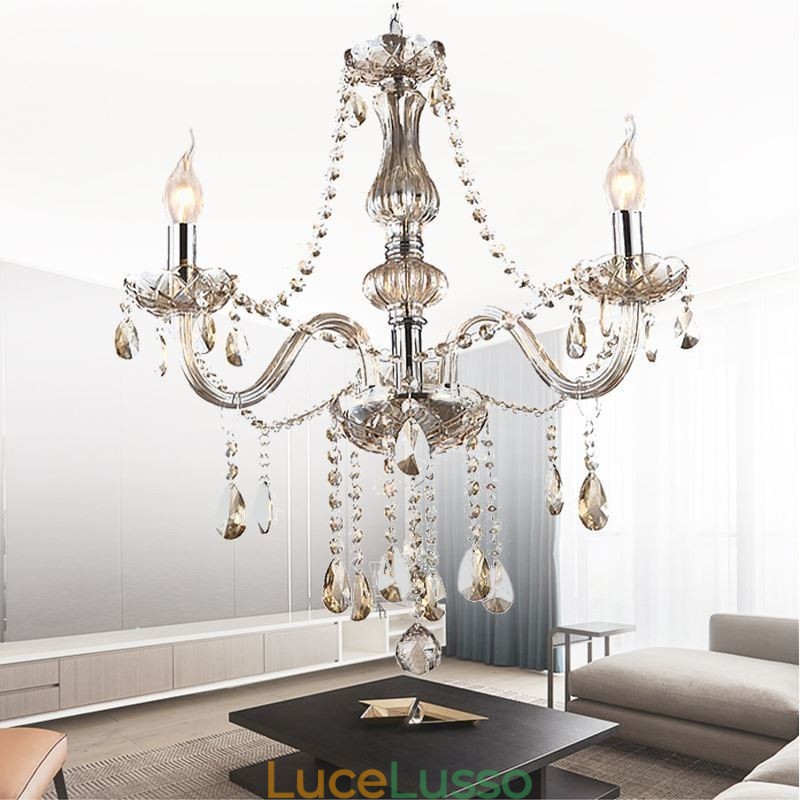 Lampadario di cristallo europeo color cognac in vetro pendente
