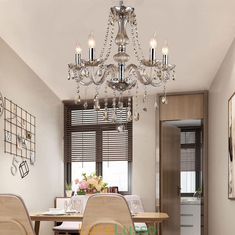 Lampadario di cristallo europeo color cognac in vetro pendente