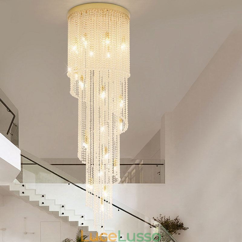 Lampadario moderno in cristallo, lampada da soffitto in cristallo per scale di lusso con 19 luci