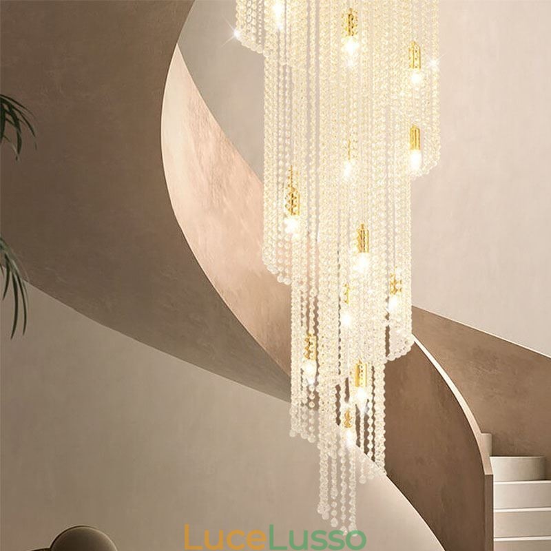 Lampadario moderno in cristallo, lampada da soffitto in cristallo per scale di lusso con 19 luci