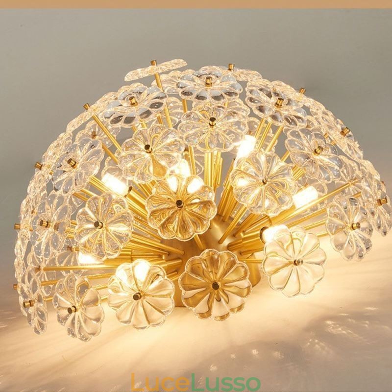 Lampada da soffitto moderna decorativa a forma di fiore in vetro semicircolare da montare a filo