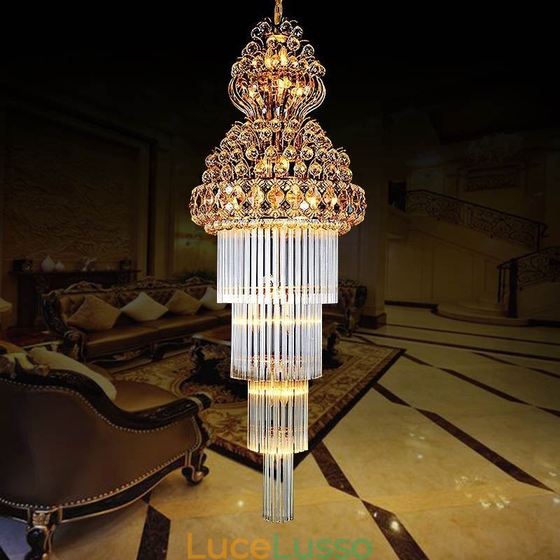 Lampadario retrò in cristallo stile impero, pendente lungo di lusso