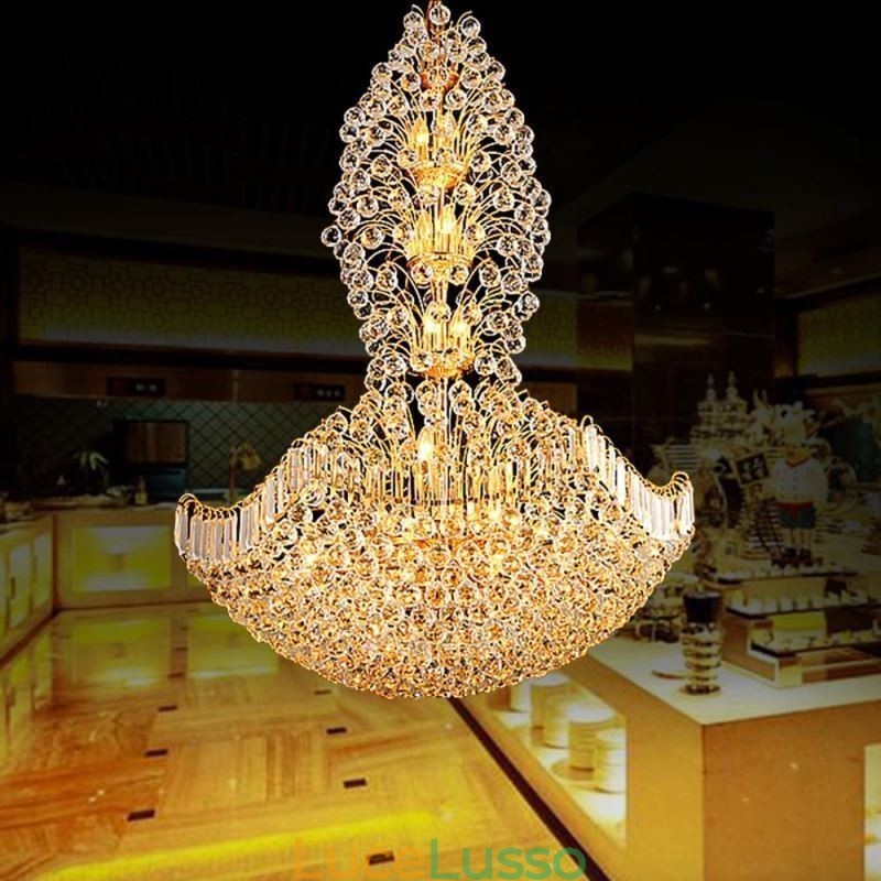 Lampadario europeo in cristallo stile impero, grande lampada a sospensione color oro
