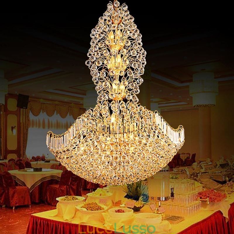 Lampadario europeo in cristallo stile impero, grande lampada a sospensione color oro