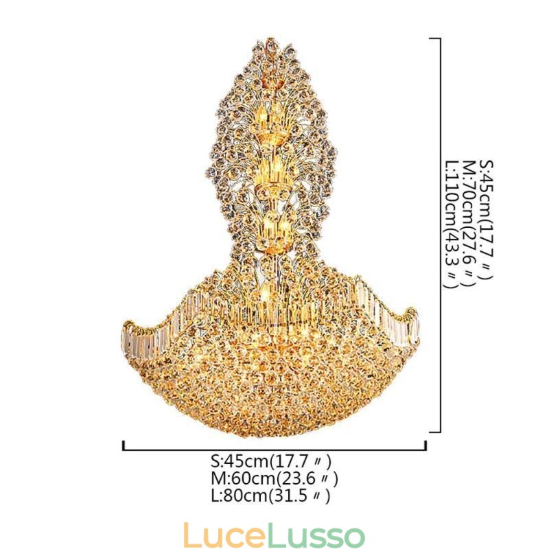 Lampadario europeo in cristallo stile impero, grande lampada a sospensione color oro