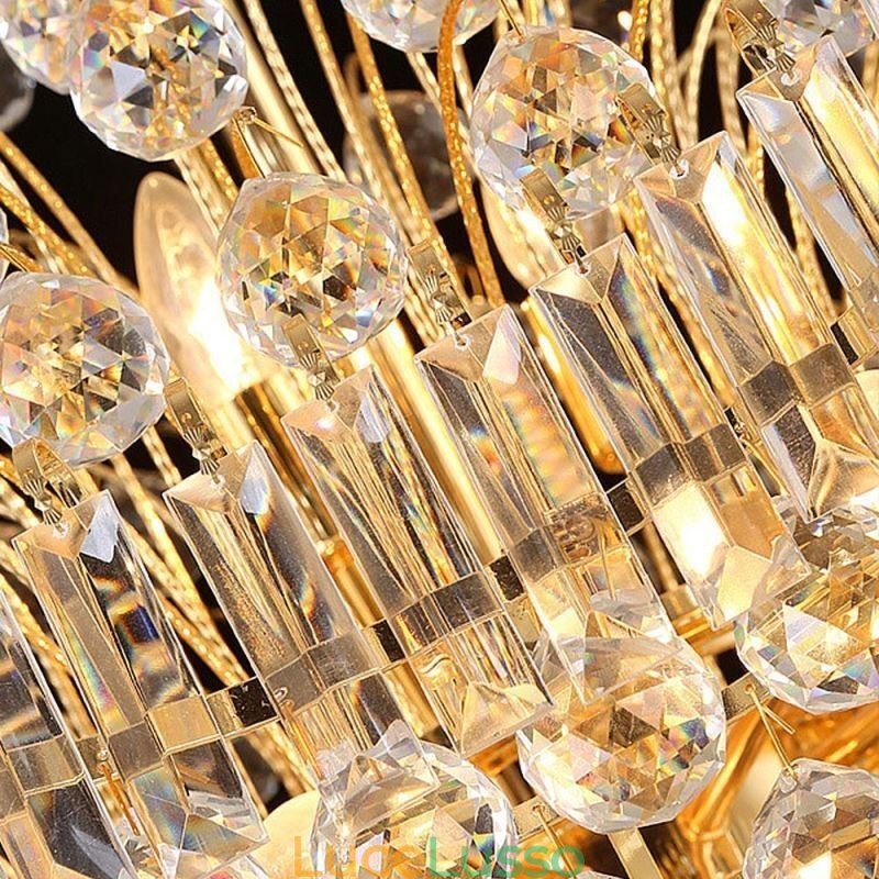 Lampadario europeo in cristallo stile impero, grande lampada a sospensione color oro