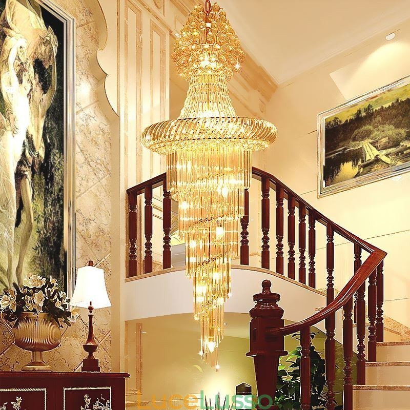 Lampadario di cristallo di lusso moderno europeo grazioso lungo pendente duplex scala