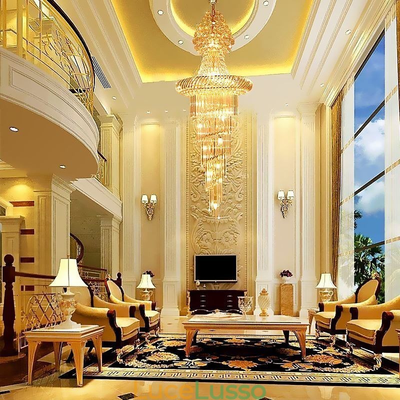 Lampadario di cristallo di lusso moderno europeo grazioso lungo pendente duplex scala