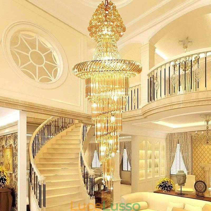 Lampadario di cristallo di lusso moderno europeo grazioso lungo pendente duplex scala