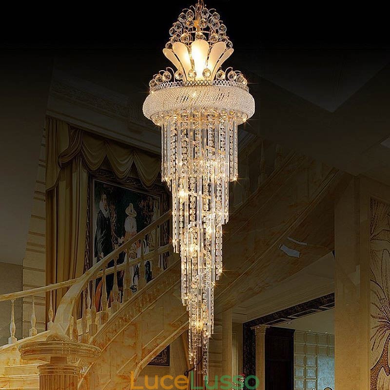 Grazioso lampadario di cristallo moderno semplice lungo pendente duplex scala