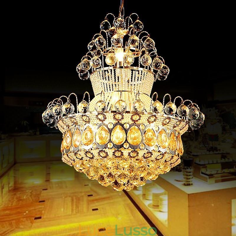 Lampadario moderno in stile impero dorato, semplice lampada a sospensione in cristallo