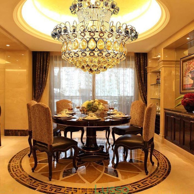 Lampadario moderno in stile impero dorato, semplice lampada a sospensione in cristallo