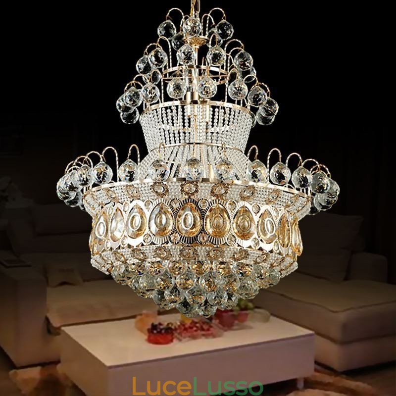 Lampadario moderno in stile impero dorato, semplice lampada a sospensione in cristallo