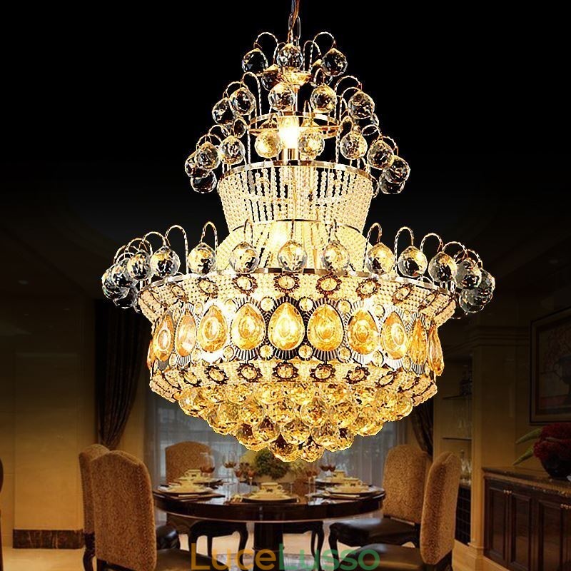 Lampadario moderno in stile impero dorato, semplice lampada a sospensione in cristallo