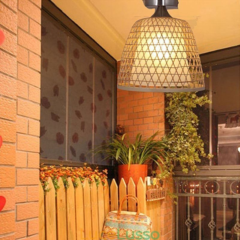 Lampada da soffitto rotonda creativa a semi-incasso in bambù, illuminazione per vestibolo