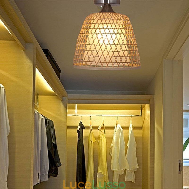 Lampada da soffitto rotonda creativa a semi-incasso in bambù, illuminazione per vestibolo