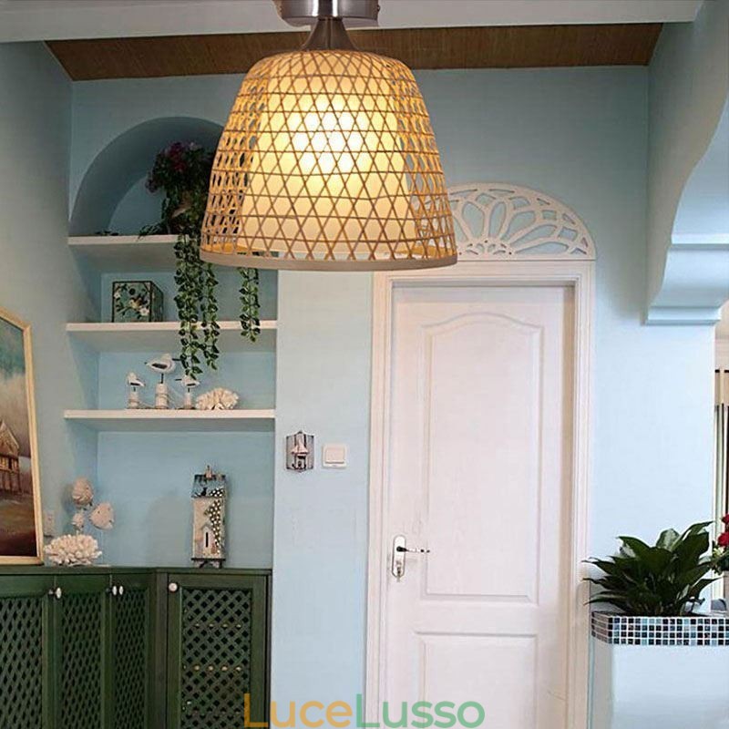 Lampada da soffitto rotonda creativa a semi-incasso in bambù, illuminazione per vestibolo