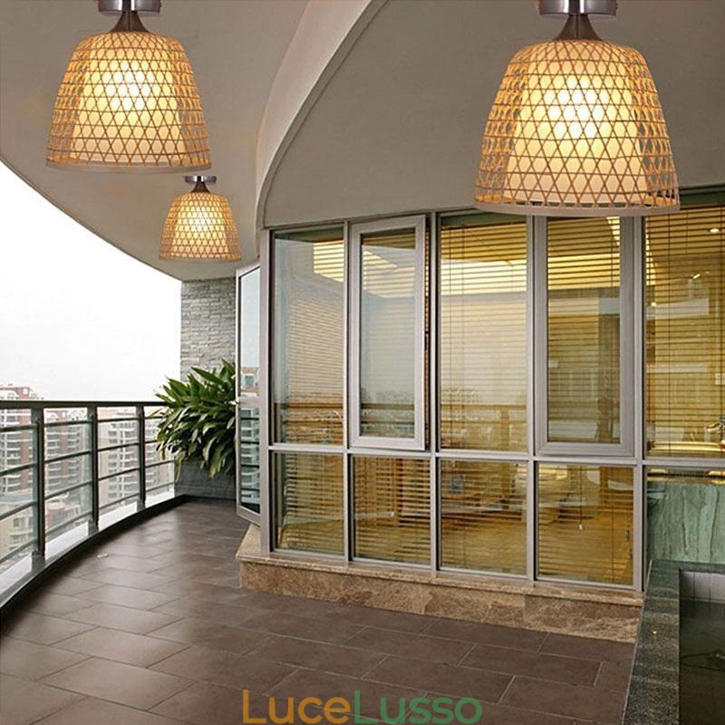 Lampada da soffitto rotonda creativa a semi-incasso in bambù, illuminazione per vestibolo