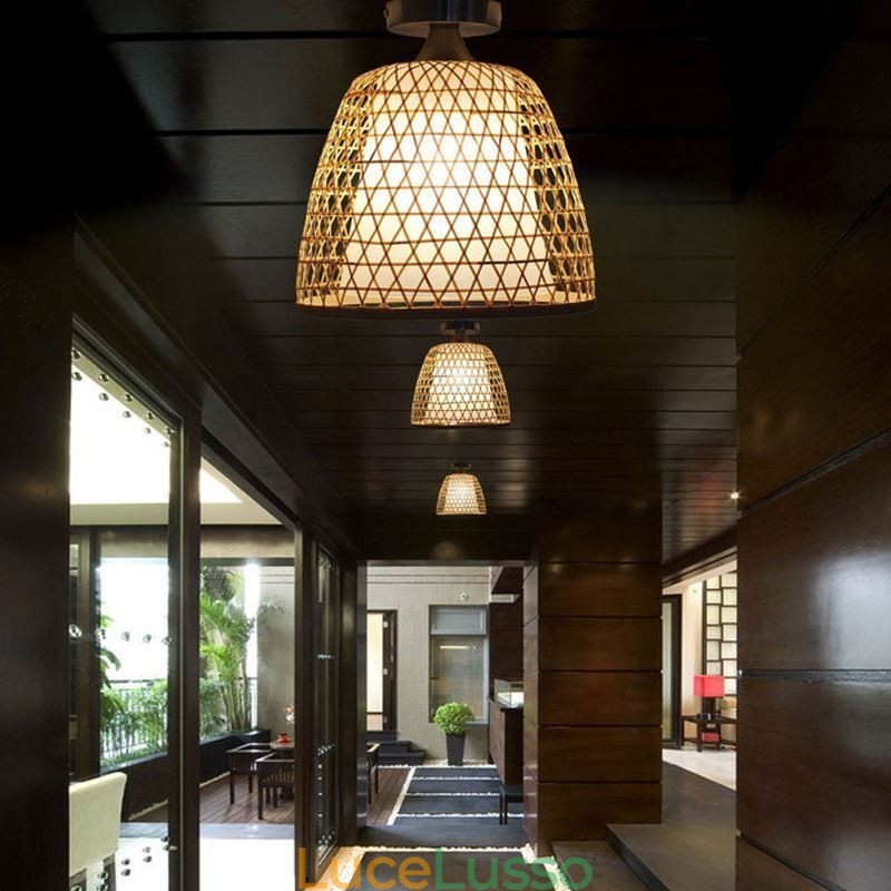 Lampada da soffitto rotonda creativa a semi-incasso in bambù, illuminazione per vestibolo