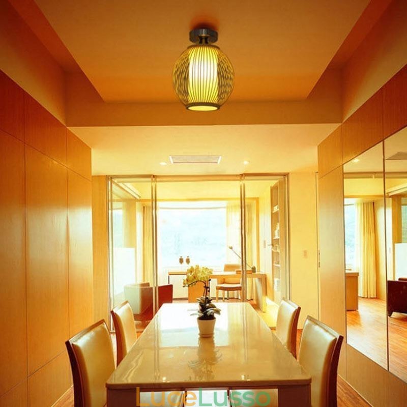 Lampada da soffitto rotonda in bambù creativa con montaggio a semi-incasso unica, illuminazione per portico