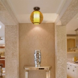 Lampada da soffitto rotonda in bambù creativa con montaggio a semi-incasso unica, illuminazione per portico