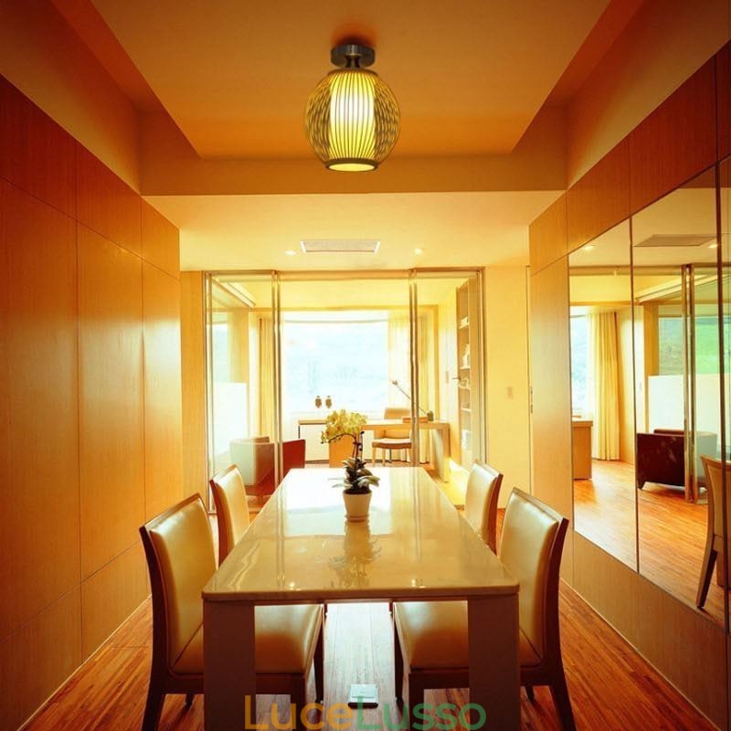 Lampada da soffitto rotonda in bambù creativa con montaggio a semi-incasso unica, illuminazione per portico