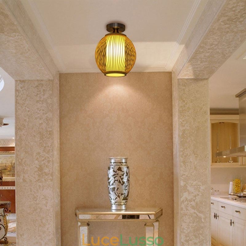 Lampada da soffitto rotonda in bambù creativa con montaggio a semi-incasso unica, illuminazione per portico
