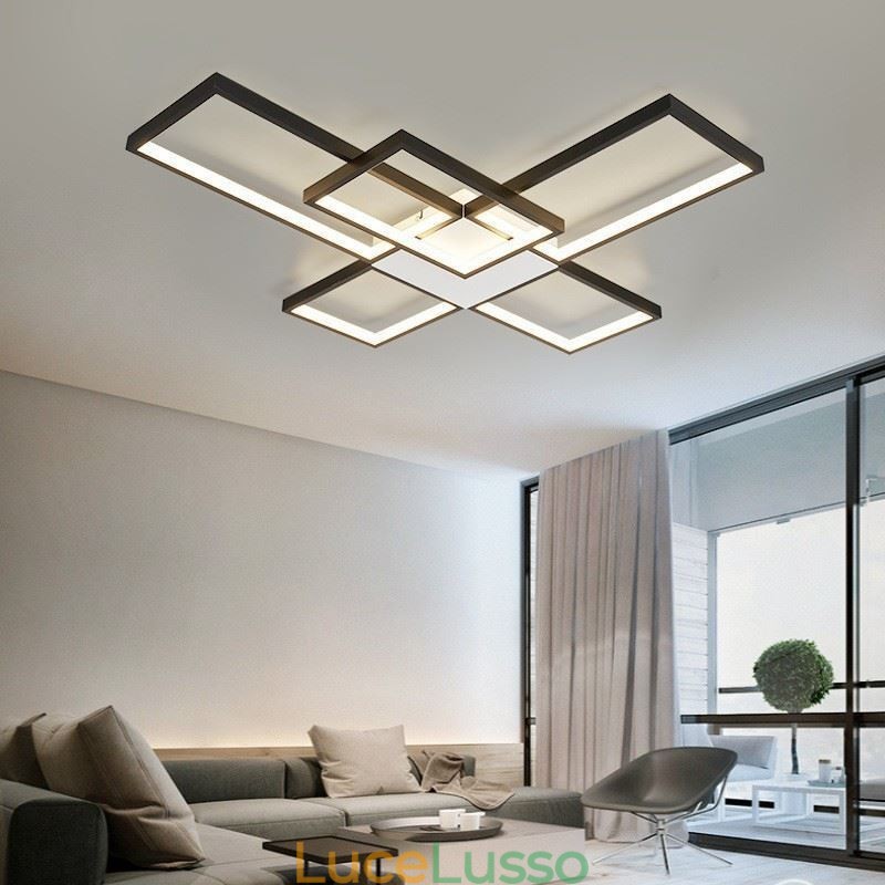 Lampada da soffitto minimalista a cinque luci quadrate con regolazione continua e telecomando da 92 W