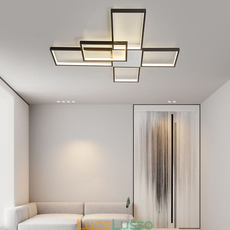 Lampada da soffitto minimalista a cinque luci quadrate con regolazione continua e telecomando da 92 W