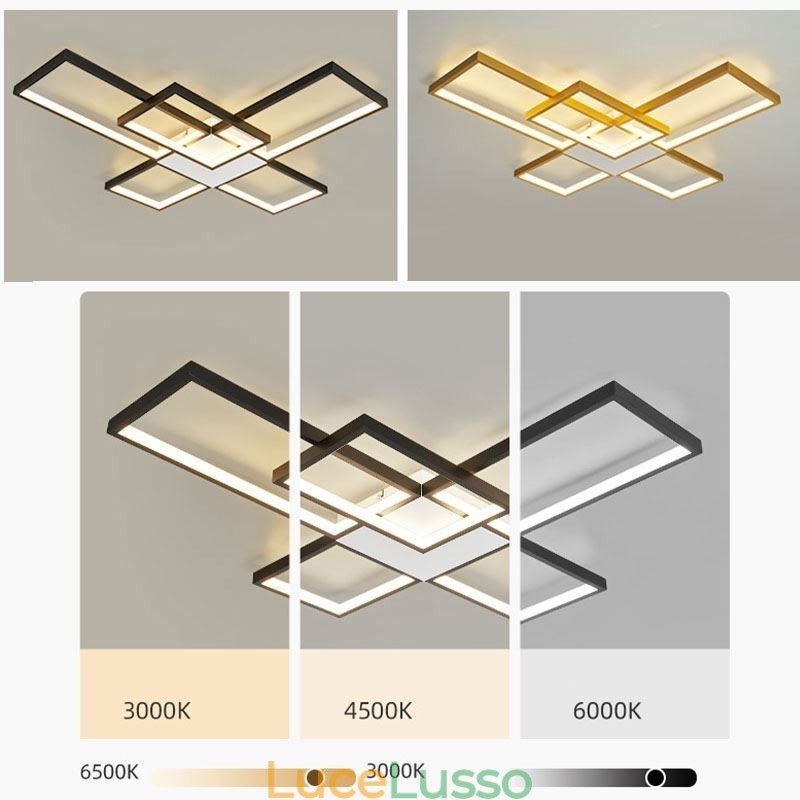 Lampada da soffitto minimalista a cinque luci quadrate con regolazione continua e telecomando da 92 W