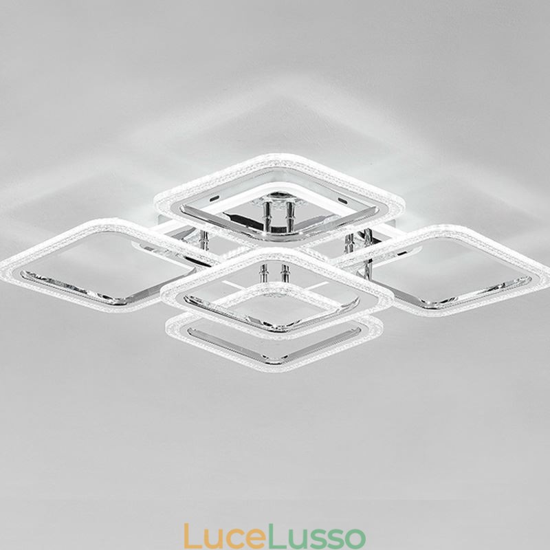 Plafoniera quadrata in acrilico cromato da montare a filo, 5 luci