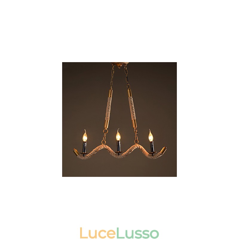 Lampadario a forma di candela in canapa, pendente vintage, lampadario in ferro battuto con corda di canapa