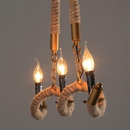 Lampadario a forma di candela in canapa, pendente vintage, lampadario in ferro battuto con corda di canapa
