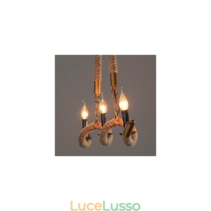 Lampadario a forma di candela in canapa, pendente vintage, lampadario in ferro battuto con corda di canapa