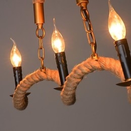 Lampadario a forma di candela in canapa, pendente vintage, lampadario in ferro battuto con corda di canapa