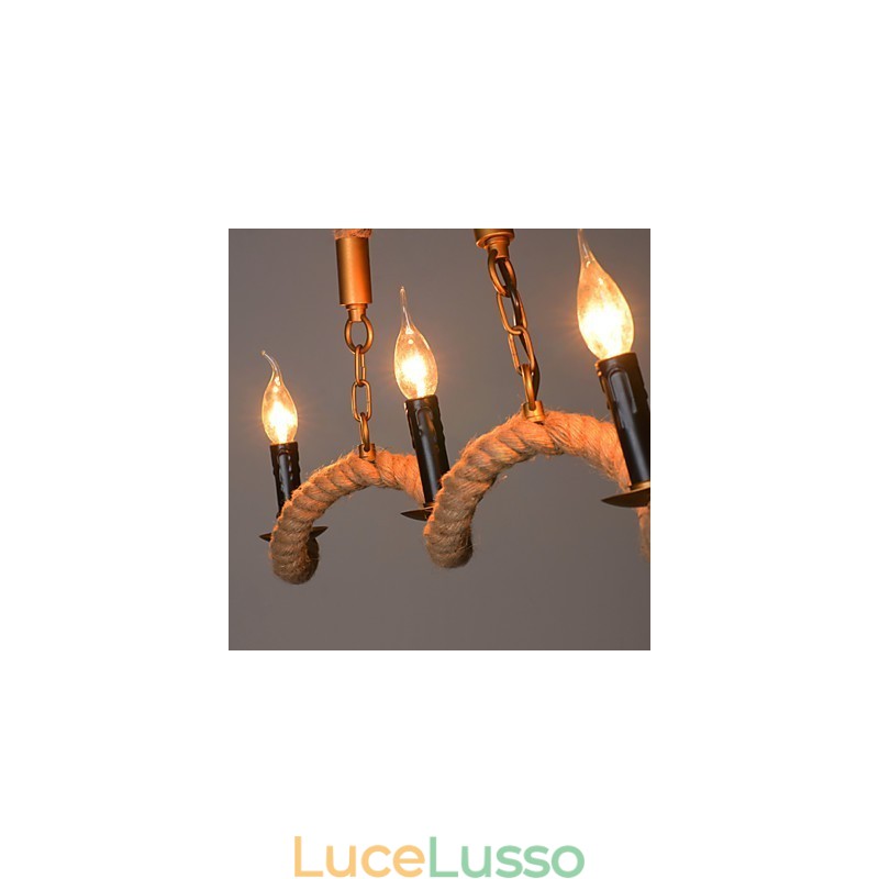 Lampadario a forma di candela in canapa, pendente vintage, lampadario in ferro battuto con corda di canapa