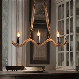 Lampadario a forma di candela in canapa, pendente vintage, lampadario in ferro battuto con corda di canapa