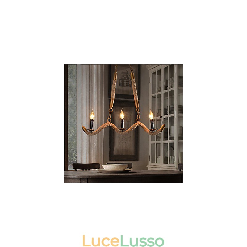 Lampadario a forma di candela in canapa, pendente vintage, lampadario in ferro battuto con corda di canapa