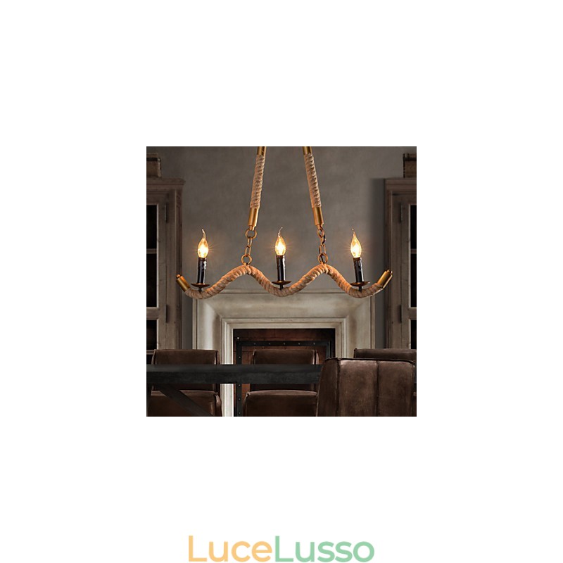 Lampadario a forma di candela in canapa, pendente vintage, lampadario in ferro battuto con corda di canapa