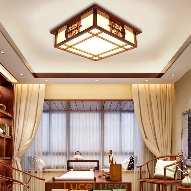 Lampada da soffitto quadrata in legno retrò da montare a filo