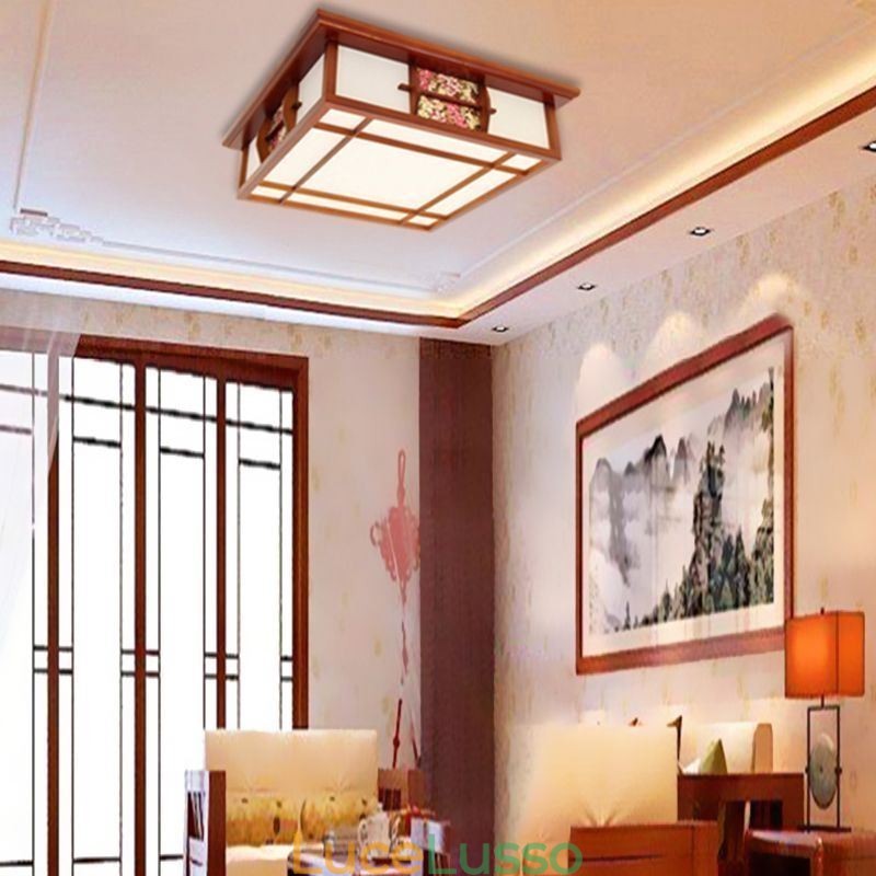 Lampada da soffitto quadrata in legno retrò da montare a filo