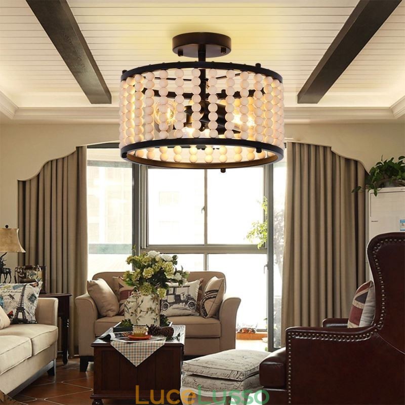 Illuminazione a soffitto a 3 luci con perline di legno, lampada da soffitto, foyer