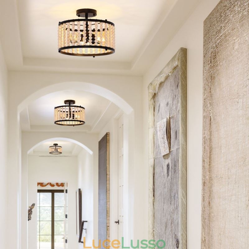 Illuminazione a soffitto a 3 luci con perline di legno, lampada da soffitto, foyer
