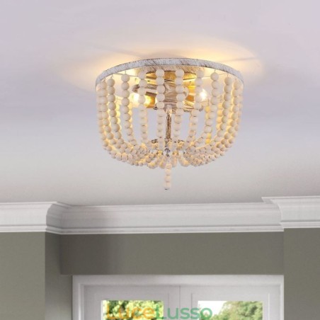 Lampada da soffitto a filo con perline in legno da fattoria, 3 luci Lampada da soffitto a filo con perline in legno da fattoria, 3 luci