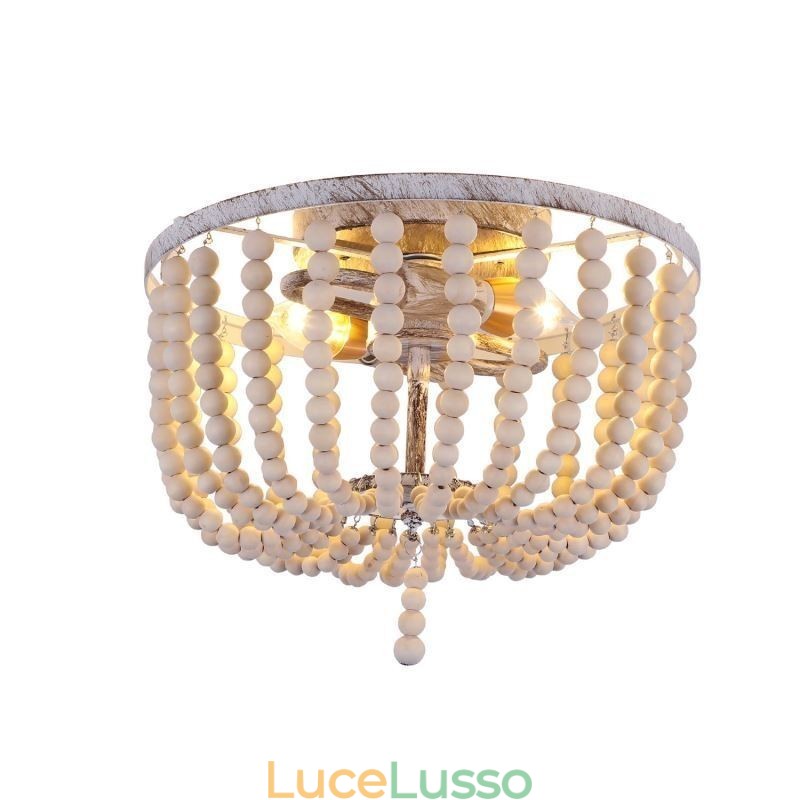 Lampada da soffitto a filo con perline in legno da fattoria, 3 luci