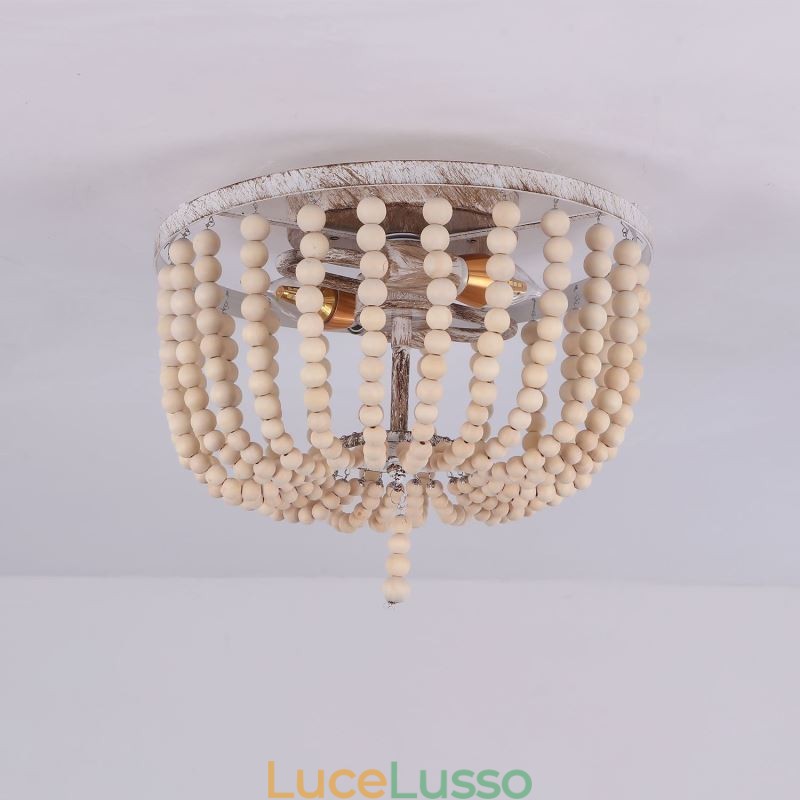 Lampada da soffitto a filo con perline in legno da fattoria, 3 luci