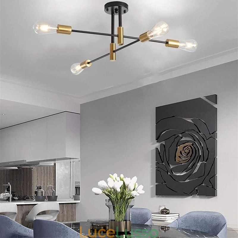 Lampadario Sputnik nero a 4 luci, lampada da soffitto semi-incassata di metà secolo