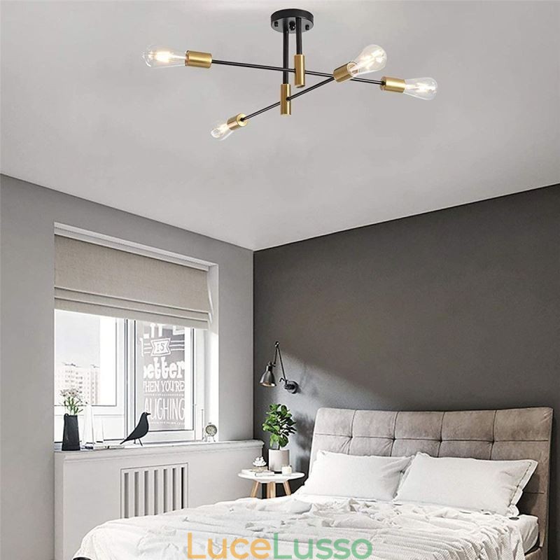Lampadario Sputnik nero a 4 luci, lampada da soffitto semi-incassata di metà secolo