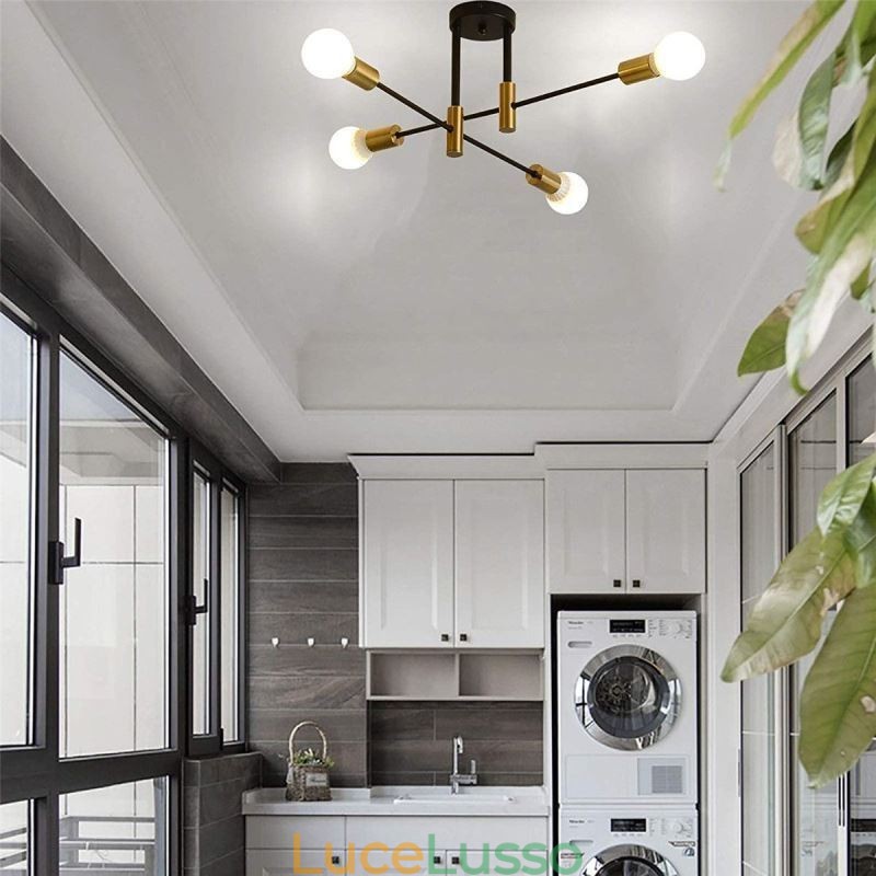 Lampadario Sputnik nero a 4 luci, lampada da soffitto semi-incassata di metà secolo