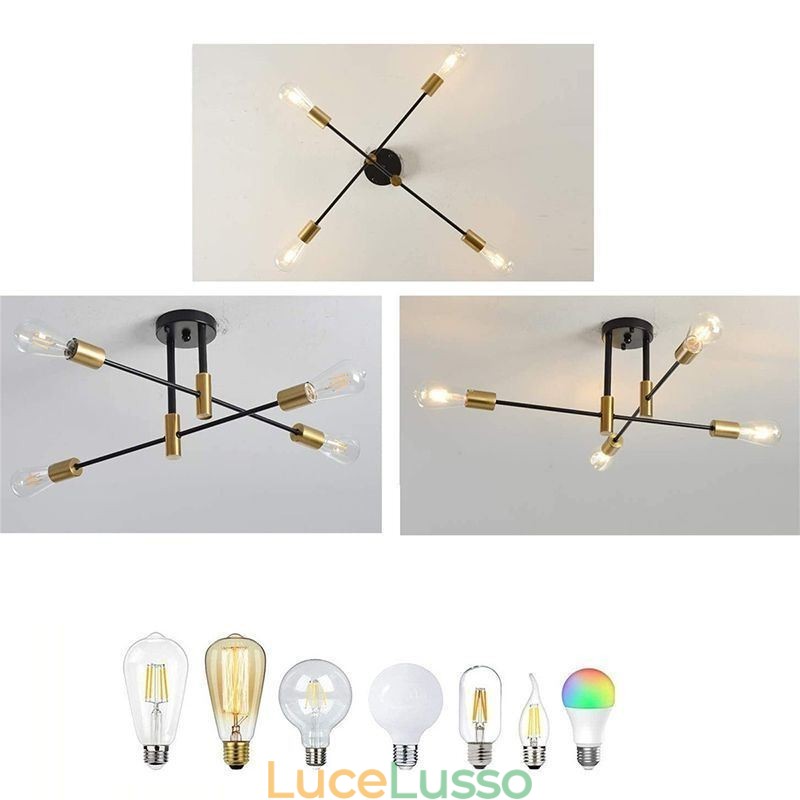 Lampadario Sputnik nero a 4 luci, lampada da soffitto semi-incassata di metà secolo